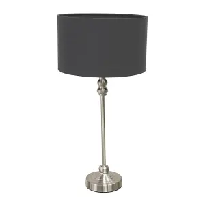 ValueLights Maggie Brushed Chrome Candlestick Table Lamp with Charcoal Fabric Drum Shade and LED Bulb