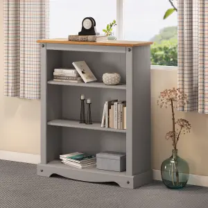 Mercers Furniture Corona Grey Wax Small Bookcase 2 Shelf Open Display Unit Solid Pine with Mexican Styling