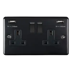 SHPELEC Premium Round Edge Matt Black 2 Gang 13A DP Switched Socket with 3.1A USB Ports