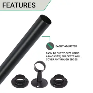 EAI - Hanging Wardobe Rail Kit - Black - 25mm Tube - 1829mm Rail with 2x End Sockets & 1x Centre Brackets