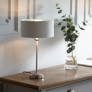 Luminosa Highclere 1 Light Table Lamp Brushed Chrome Plate, Natural Linen