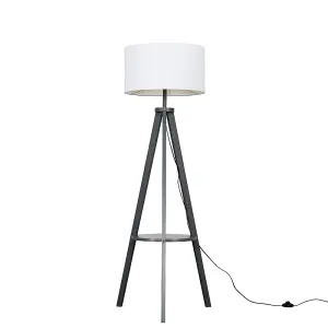 ValueLights Morrigan Grey Wood Tripod Design Floor Lamp with Storage Shelf & White Drum Shade - Includes 6w LED Bulb 3000K