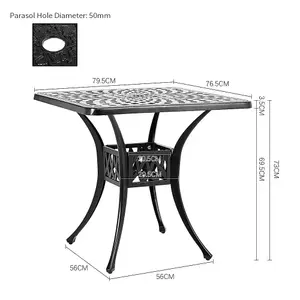 Black Square Vintage Hollow Design Cast Aluminum Outdoor Patio Dining Table with Parasol Hole All Weather