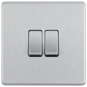 GoodHome Brushed Steel 20A 2 way 2 gang Light Screwless Switch