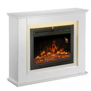 Modern White Electric Fireplace with Remote Control, Triangle LED Log Fire, and Stylish Mantle