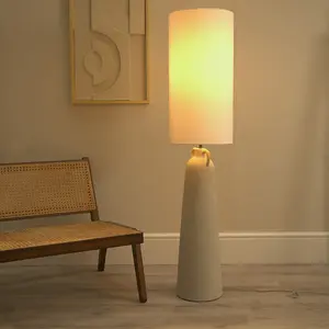 ValueLights Grayson Natural Cement Effect Ceramic Midi Floor Lamp with Cylinder Shade - LED Bulb Included