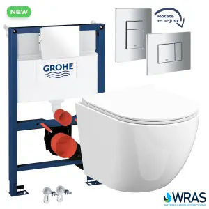 Grohe 0.82m Low Height Concealed Frame Cistern Set & Bubly Bathrooms™ Rimless D Shape Wall Hung Toilet - Hidden Fixation