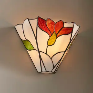 Tiffany Glass Floral Design Wall Light - Dark Bronze Effect - Dimmable LED Lamp