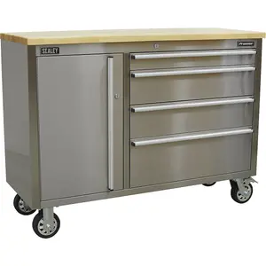 Premium 4 Drawer Stainless Steel Tool Chest with Wooden Top