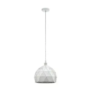 Pendant Ceiling Light White Steel Round Faceted Shade White Flex Bulb E27 1x60W