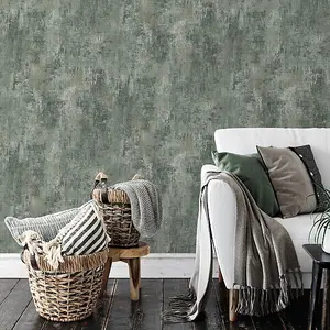 Muriva Jade Green Texture Distressed metallic effect Patterned Wallpaper