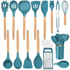 Kitchen Utensils Set,  25 Pieces Soft Silicone Cooking Utensil Set With Holder, Natural Wooden Handle Kitchen Spatula Spoon For Cooking Baking, Non Stick & Heat Resistant, Black Blue