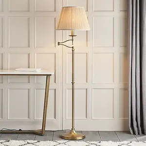 Luminosa Stanford 1 Light Swing Arm Floor Lamp Antique Brass with Beige Shade, E27