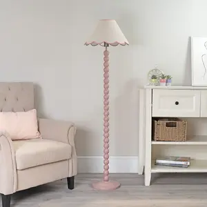 ValueLights Bobbles Rose Pink Bobbin Floor Lamp with Pink Trim Scallop Shade - LED Bulb Included