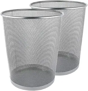 MantraRaj Silver Round Metal Mesh Waste Paper Bin Lightweight Circular Mesh Trash Can Waste Basket Garbage Can Waste Bin(2)