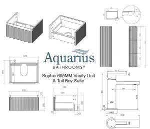 Aquarius Sophie 605MM Vanity Unit Matt Black Tall Boy Set with Brushed Brass Brassware