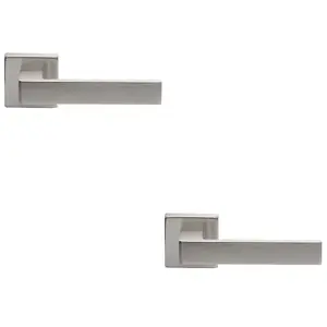 2 PACK - Contemporary Flat Door Handle Set - Satin Chrome Sleek Lever on Square Rose