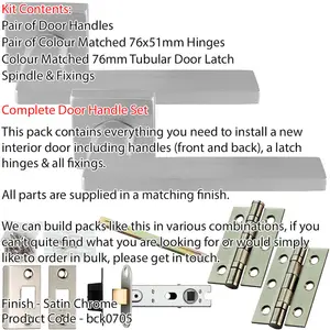 Door Handle & Latch Pack - Satin Chrome - Slim Smooth Bar Lever On Square Rose