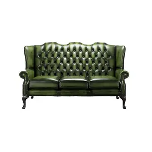 Chesterfield 3 Seater High Back Antique Green Real Leather Sofa In Mallory Style