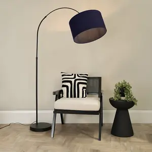 ValueLights Louis Black Arched Curved Floor Lamp with Navy Blue Fabric Drum Lamp Shade and LED Bulb