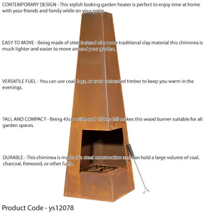 Stylish 45x150cm Corten Steel Chiminea Wood Burner for Outdoor Fire Pits