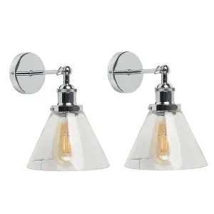 ValueLights Lloyd Pair of Retro Style Polished Chrome Adjustable Knuckle Joint Wall Lights with Clear Glass Shades