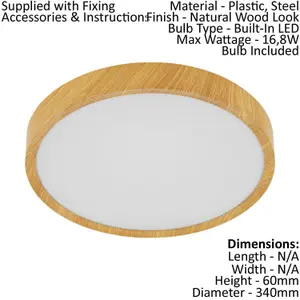 Flush Ceiling Light Colour Natural Wood Look Shade White Plastic Bulb LED 16.8W