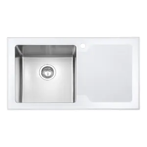 JASSFERRY White Glass Top Kitchen Sink Stainless Steel Single Bowl Right Hand Frosted Drainboard, 860 x 500 mm