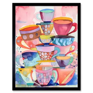 Abstract Kitchen Cups And Saucers Folk Art Artwork Framed Wall Art Print 9X7 Inch