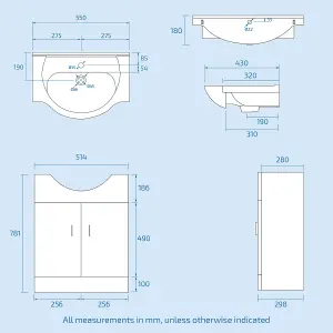 Nes Home P-Shaped RH Bath White 550mm Vanity Basin Unit WC Unit & Toilet Suite