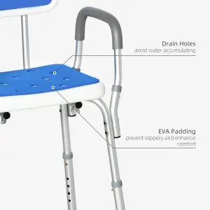 HOMCOM EVA Padded Shower Stool with Back and Arms 4 Suction Foot Pads Blue