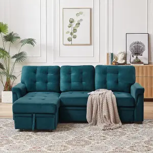 Corner Sofa Bed, L-Shaped Corner Sofa Bed with Storage, Settee Sleep Reversible Storage Chaise - Velvet Green