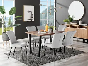 Furniturebox Kylo Brown Rectangular Wood Effect Dining Table & 6 Light Grey Velvet Nora Black Leg Chairs