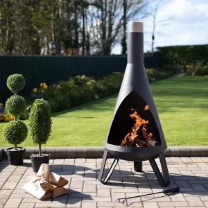 Black Rio Chimenea - Metal Outdoor Garden Patio Log Wood Burner Fire Pit Bowl with Stainless-Steel Flue Cap - Small, H125 x 50cm