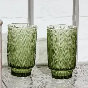 Set of 2 Vintage Luxury Green Trailing Leaf Drinking Tall Tumbler Glasses 450ml