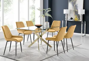 Furniturebox UK Leonardo 6 Gold Dining Table and 6 Mustard Pesaro Black Leg Chairs