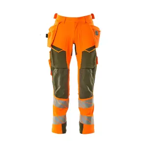 Mascot Accelerate Safe Trousers with Holster Pockets - Hi-Vis Orange/Moss Green   (40.5) (Leg Length - Regular)