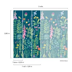 Grandeco Spring Meadow Flower Painted Sprig 3 panel repeatable wallpaper Mural, 2.8 x 1.59m, Dark Teal