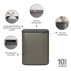 Bo Touch Bin, 60 litre, with 1 inner Plastic Bucket Platinum