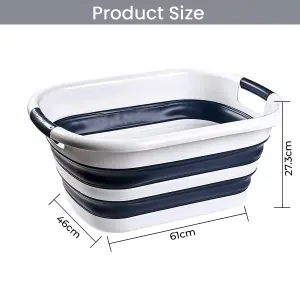 40L Large Plastic Laundry Basket Oval Shape Foldable, Blue & White