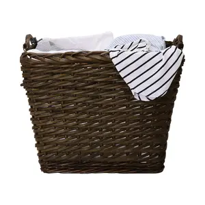 JVL Vertical Weave Rectangle Log Basket with Wooden Handles, Medium, Brown