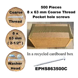 Pocket Hole Screws for Softwoods, 63mm Long, Pack of 500, Coarse Self-Cutting Threaded Square Drive, EPHS863500C, EPH Woodworking