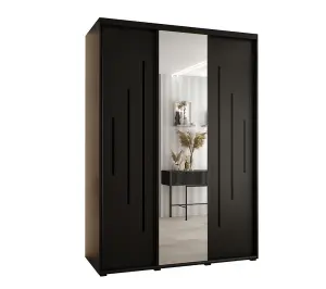 Exquisite Black Mirrored Cannes XIII Sliding Wardrobe H2050mm W1700mm D600mm with Custom Black Steel Handles and Decorative Strips