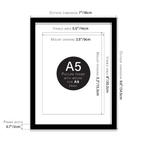 A5 Black Picture Frame With Mount for A6 (10.5 x 14.8cm - 4.1 x 5.8in) Poster, Photo, Artwork, or Print.