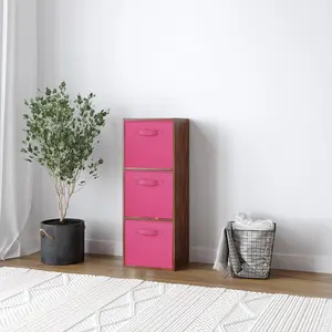 URBNLIVING 80cm Height 3 Cube Teak Wooden Shelves Cubes Cupboard Storage Units With Dark Pink Drawer Insert