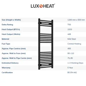 Towel Radiator Rail 1200 x 500 for Central Heating with Black Finish