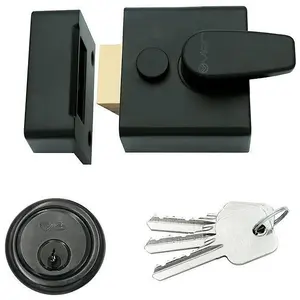 EAI Black Nightlatch Front Door Lock 3 Keys - 40mm Key Centre 62x70x27mm Case - Matt Black / Black Cylinder Night Latch