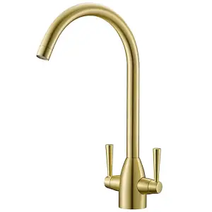 Liquida W05BG Swan Neck Monobloc Twin Lever Brushed Gold Kitchen Mixer Tap