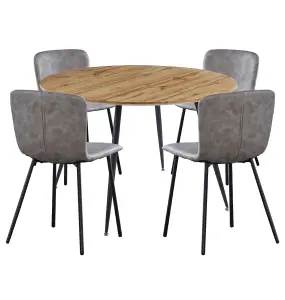 Hallowood Furniture Cullompton Large Round Dining Table with Light Oak Effect Top (120cm) with 4 Grey Leather Effect Chairs