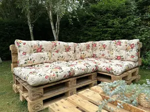 Pallet Cushion Set Garden Outdoor EURO Corner Sofa 120x200cm Floral Cream Tufted